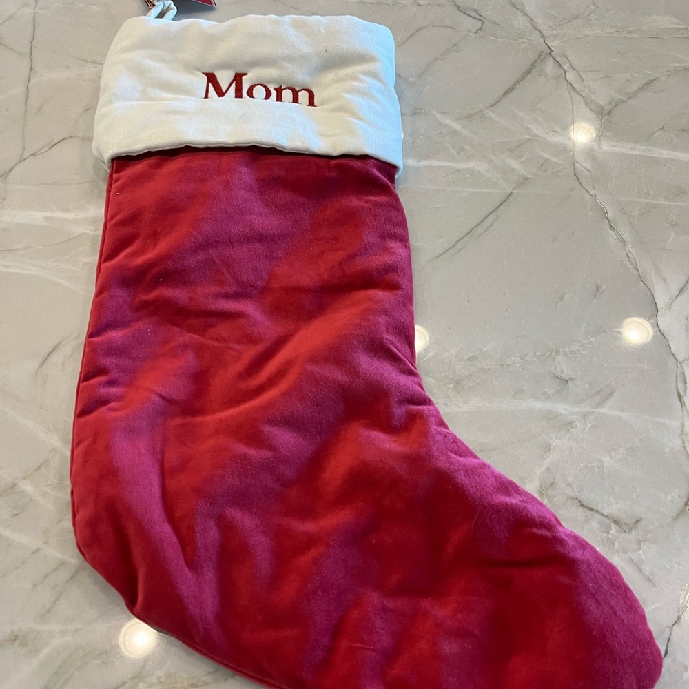 Pottery Barn velvet stocking. New with tags, personalized with Mom.